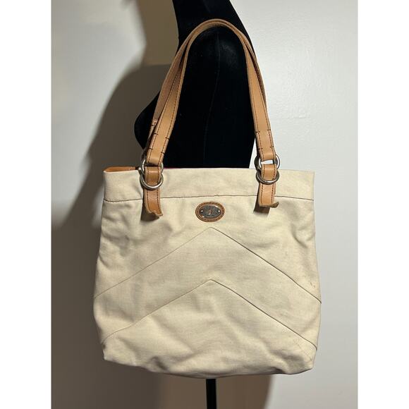 Fossil Jesse Large Pink Green Suede Canvas 2 Strap Tote Bag Purse and Keychain - Picture 8 of 8